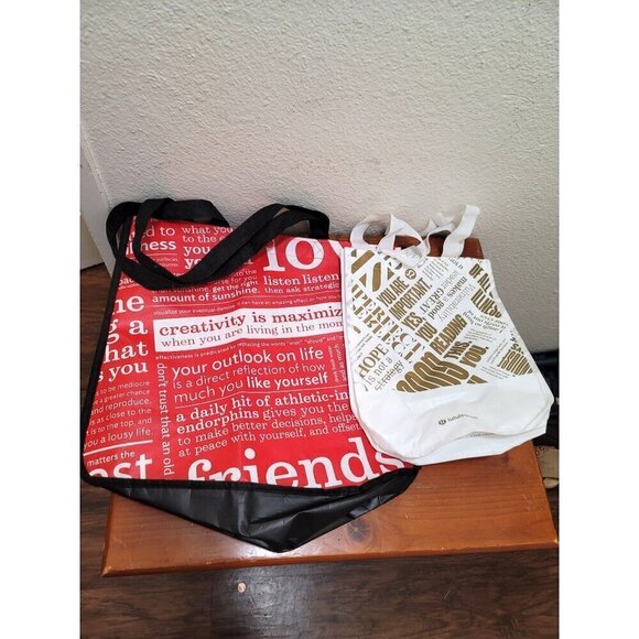 Lululemon Reusable Tote Bags Set Of 2 White & Red Eco-Friendly Shopping Bags - Picture 2 of 5